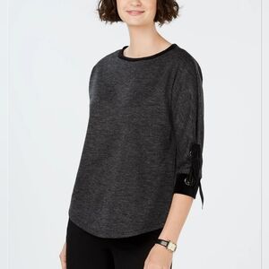 Charter Club Dark Gray Top with Black Velvet Trim 3/4 Sleeves